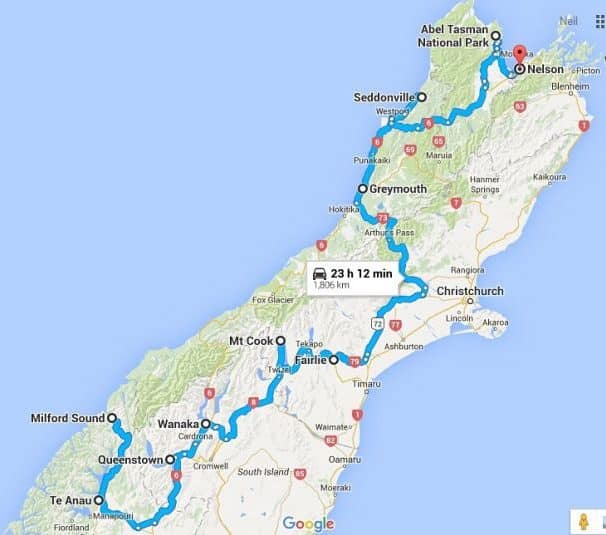 South Island NZ Road Trip Route