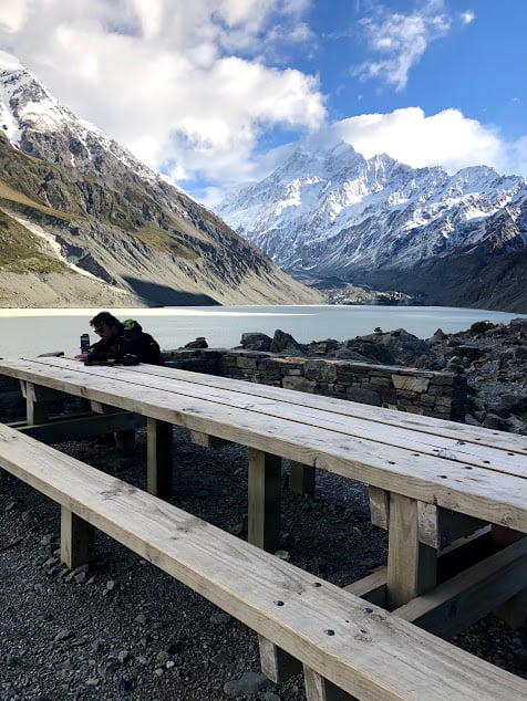 The bench at the end of the Hooker Valley Track, looking towards Aoraki